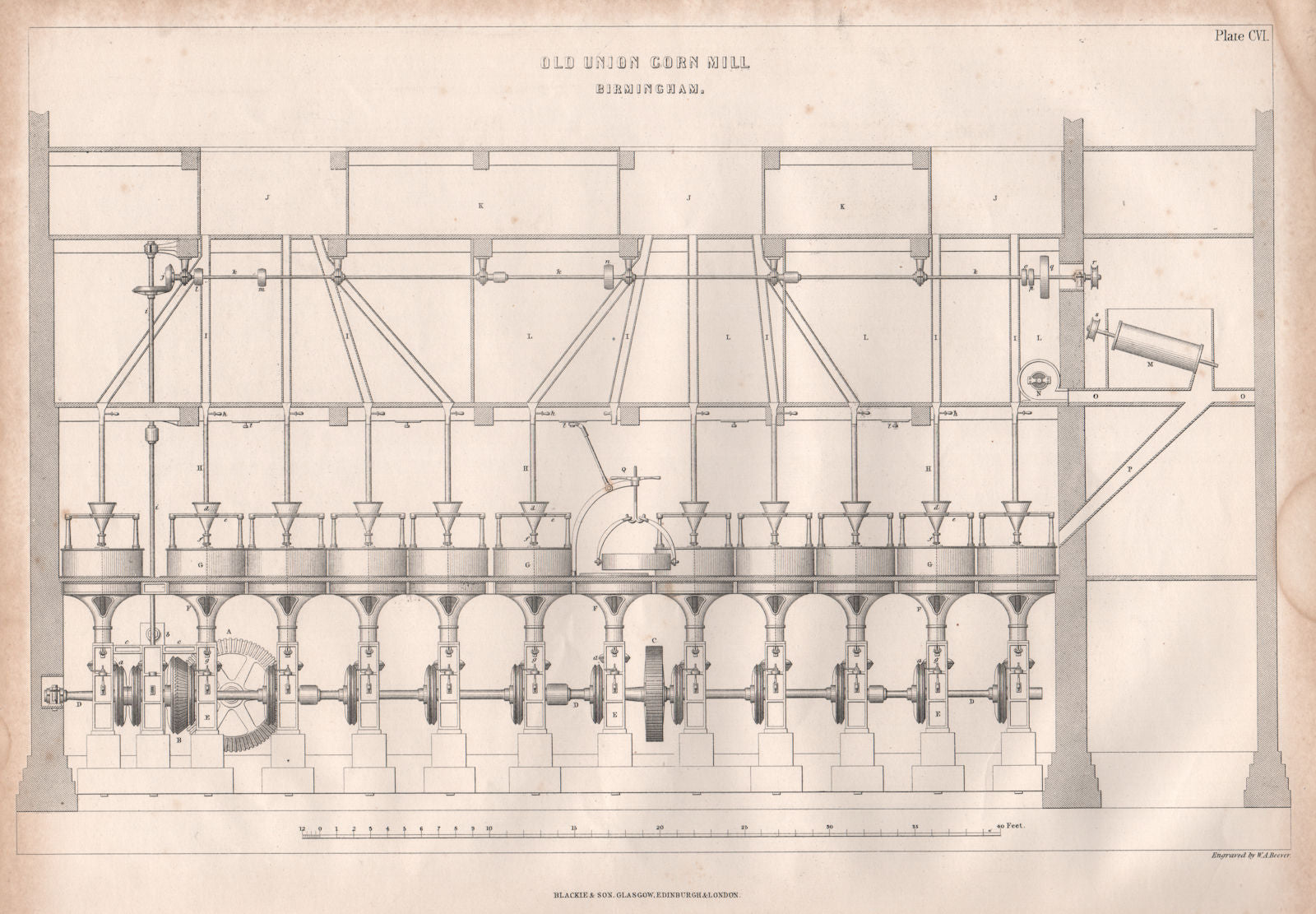 VICTORIAN ENGINEERING DRAWING. Old Union Corn Mill, Birmingham 1847 print
